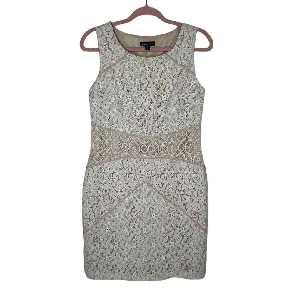 Willi Smith Beige Ivory Short Sleeve Lace Bodycon Side Zipper Midi Dress Size 6